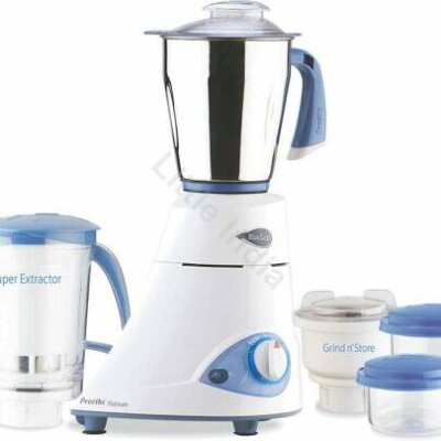 Preethi Blue Leaf Platinum 750 W Mixer Grinder (White/Blue, 4 Jars)