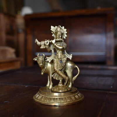 KRISHNA WITH A COW BRASS FIGURINE