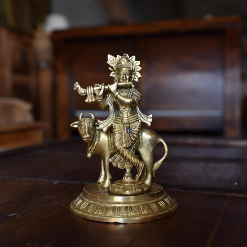 KRISHNA WITH A COW BRASS FIGURINE